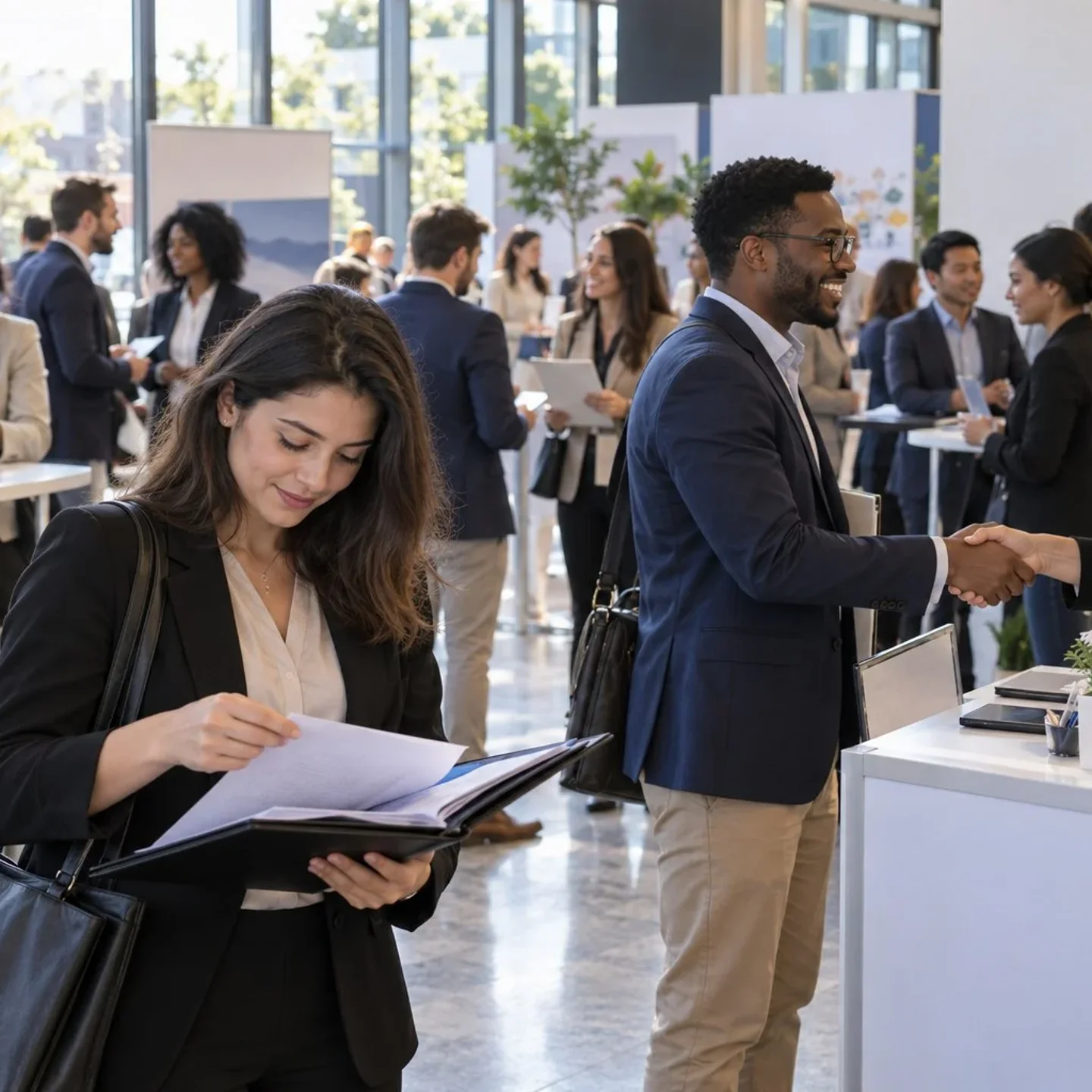 Au forum emploi, une candidate relit son dossier avant d’aborder un stand, pendant qu’un candidat serre la main d’une recruteuse