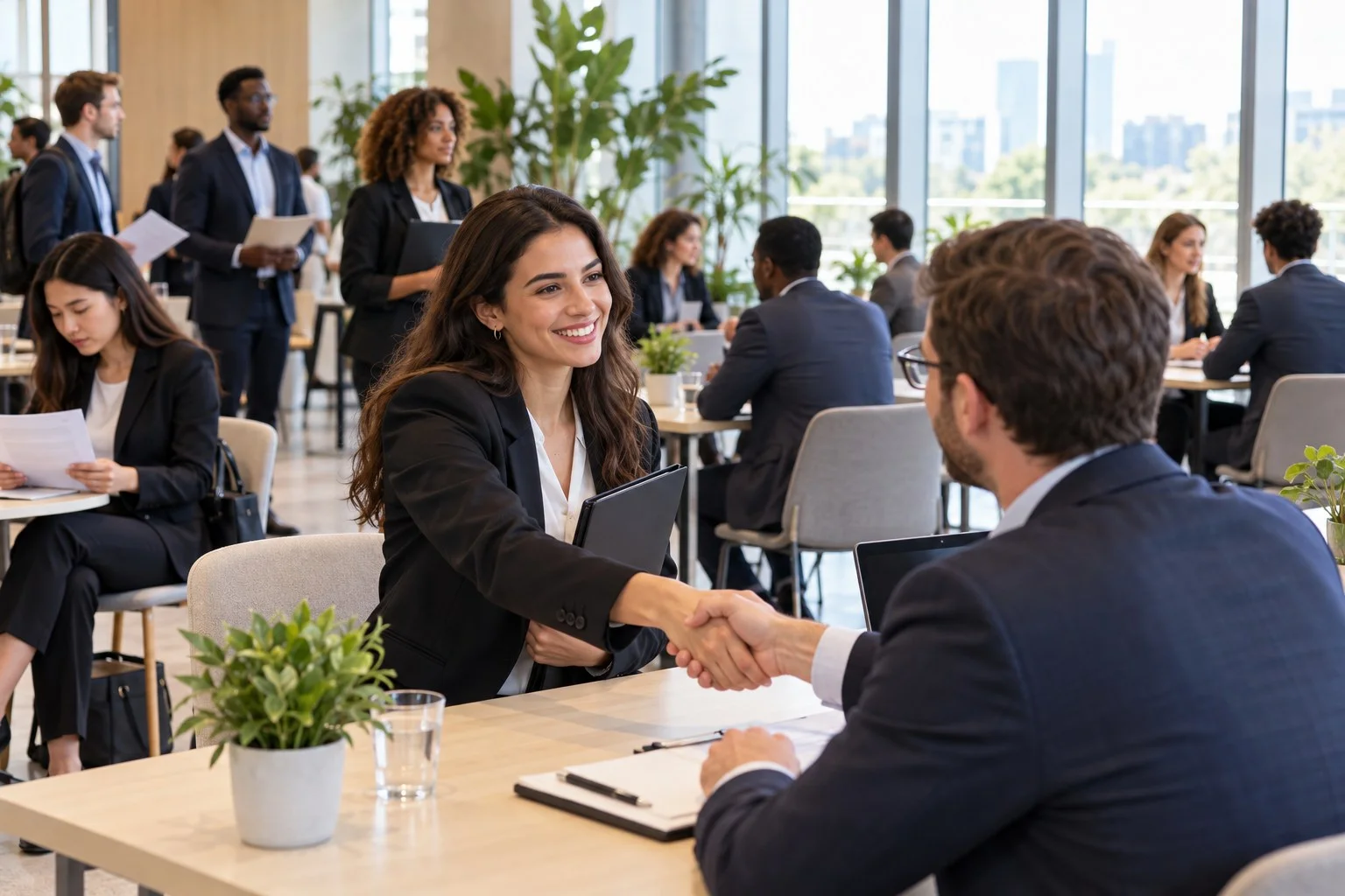 Une candidate serre la main d’un recruteur à une table de job dating